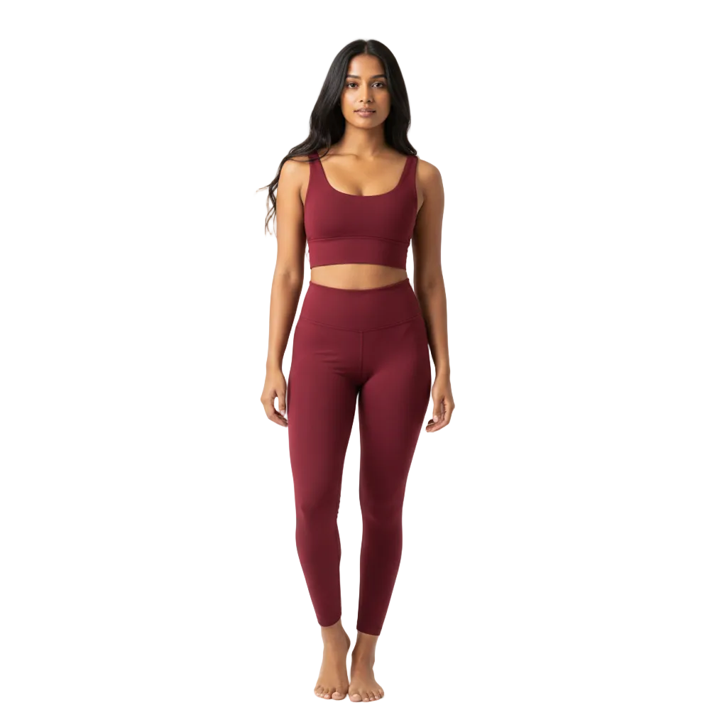 Indian model wearing burgundy buttery soft yoga leggings front view