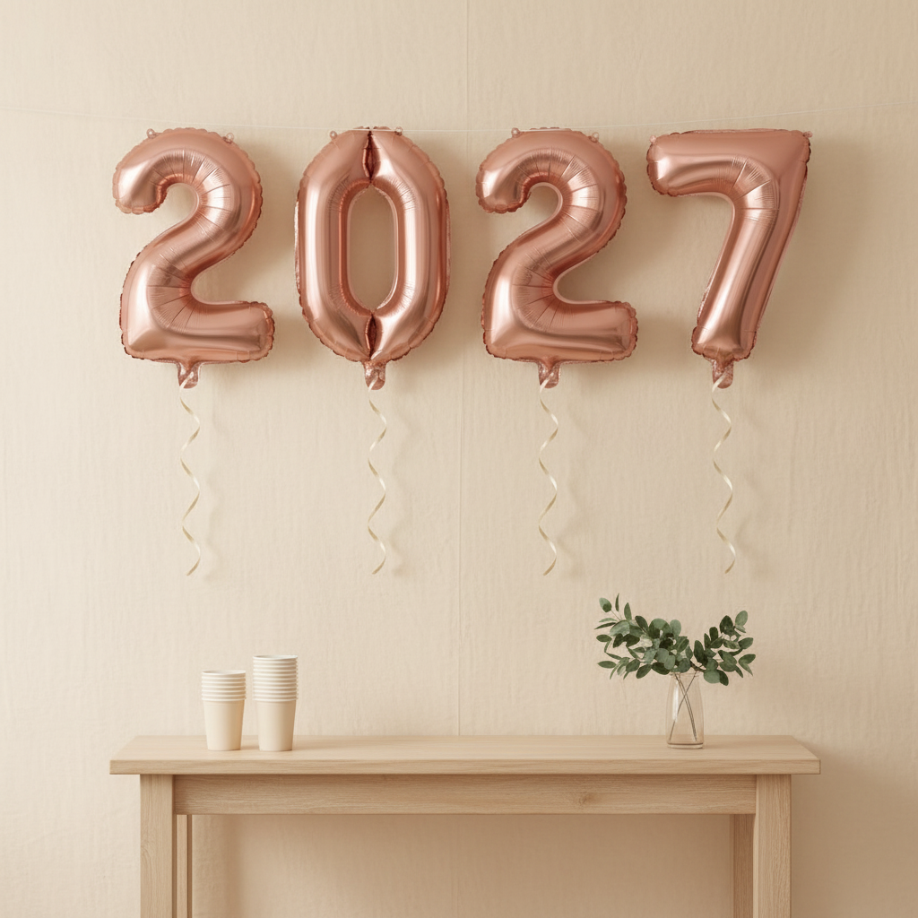 Champagne rose gold 2027 foil number balloons displayed against a warm ivory backdrop above a simple light wood console