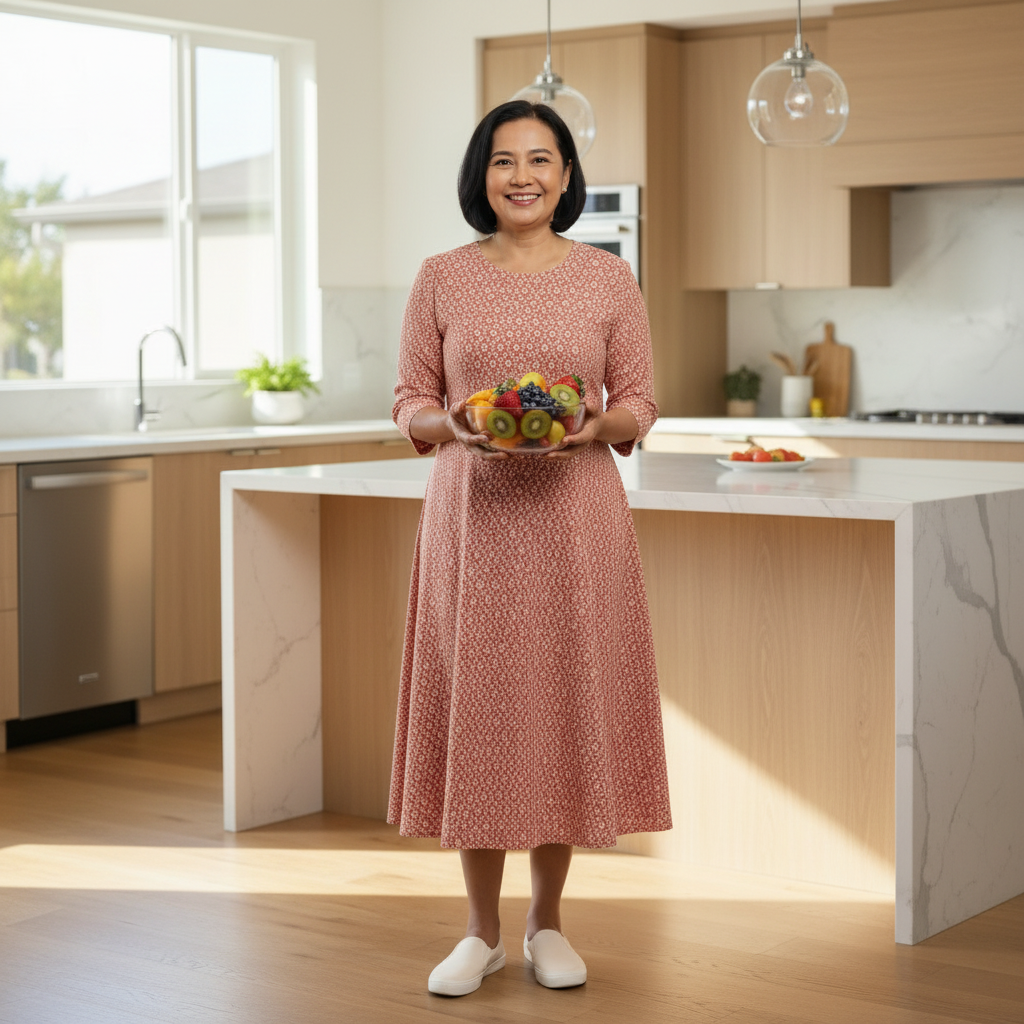 Lifestyle view of three-quarter sleeve printed A-line midi dress in a modern home kitchen