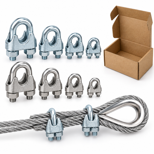 Assortment of drop-forged zinc-plated and stainless steel U-bolt wire rope clips with an assembled cable loop terminating around a metal thimble on a pure white background