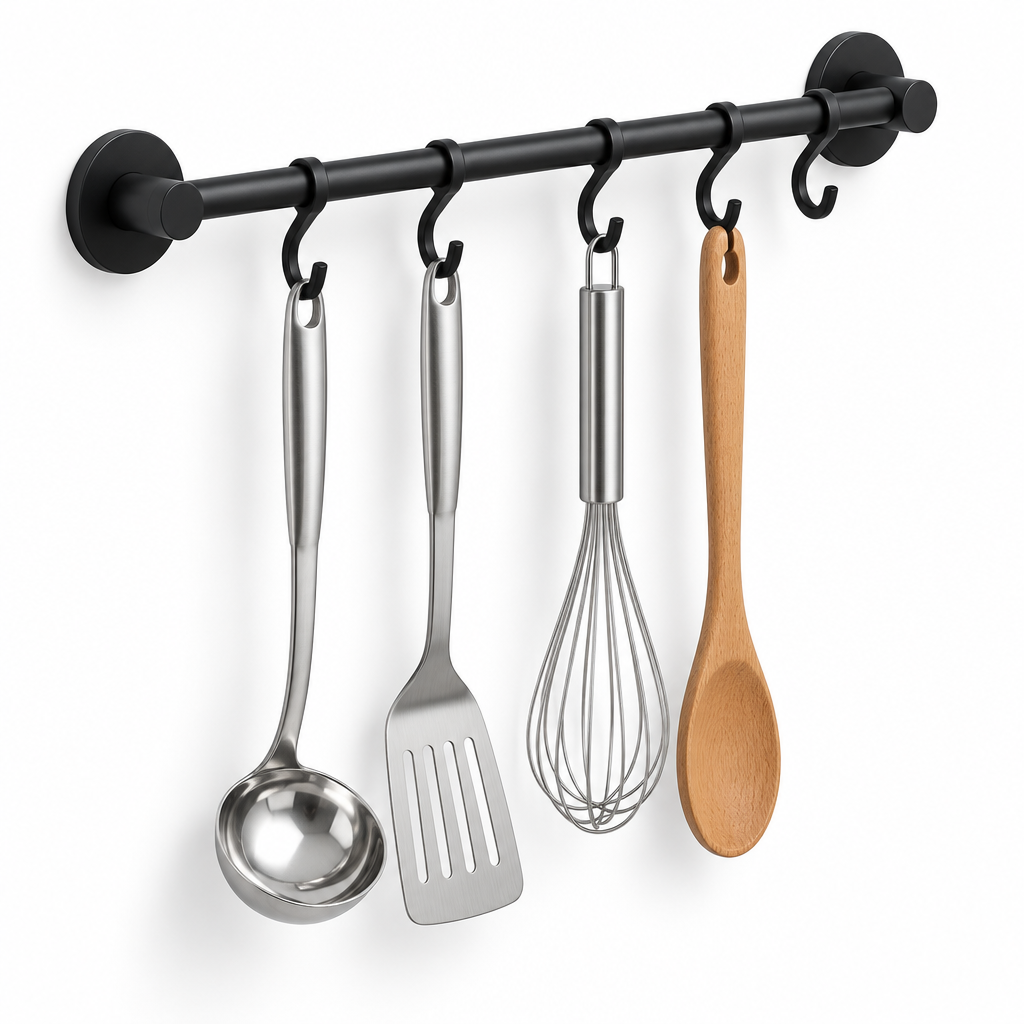 Wall-mounted hanging kitchen utensil rack rail with hooks holding cooking tools on pure white background