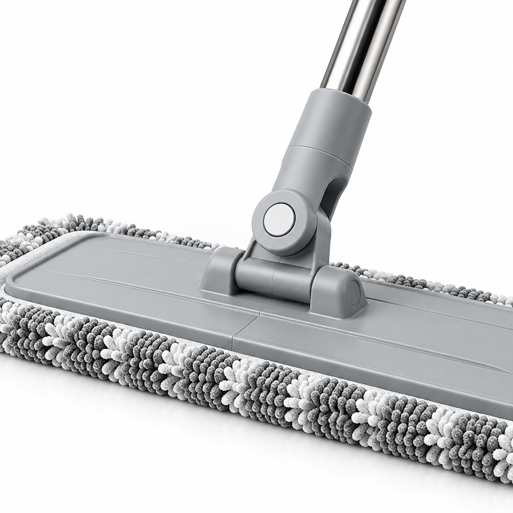 Close-up of the microfiber mop head swivel joint and thick cleaning pad contacting floor