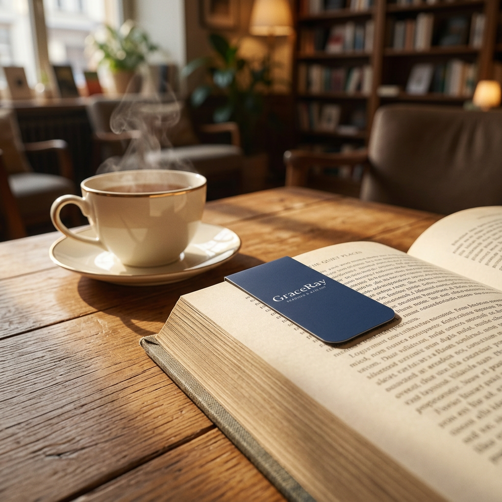 Custom magnetic bookmark shown folded over the page corner of a hardcover book in a cozy reading space
