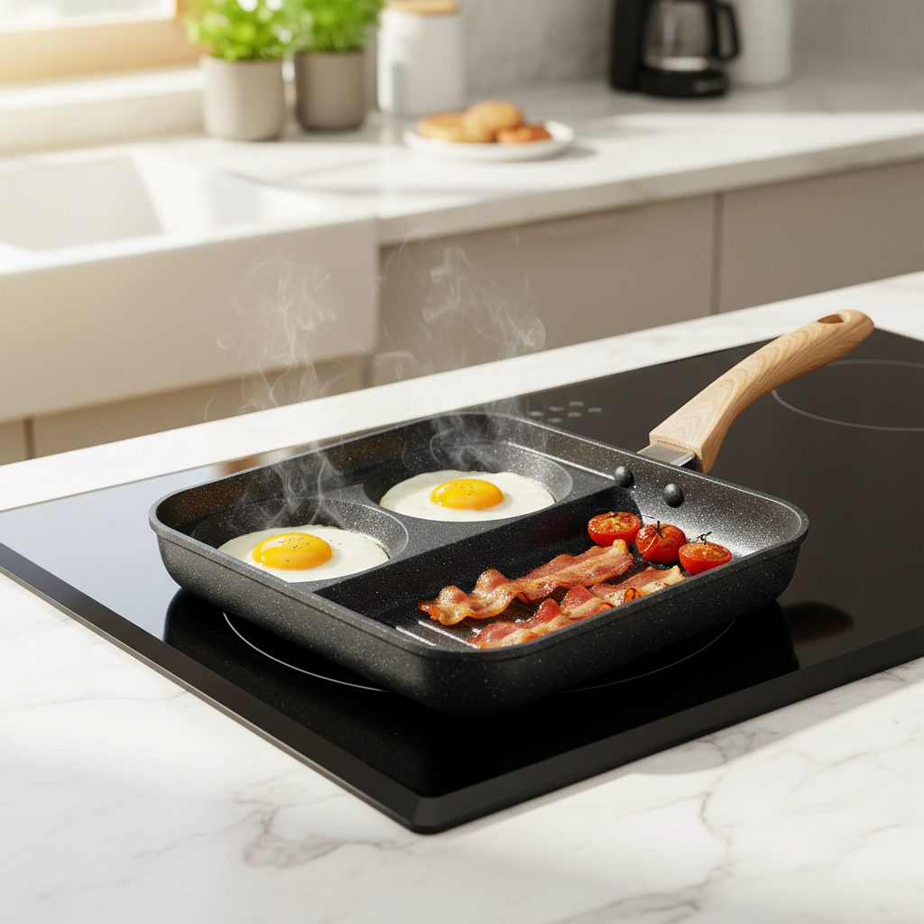 Divided frying pan cooking sunny-side-up eggs, crispy bacon, and cherry tomatoes in bright kitchen