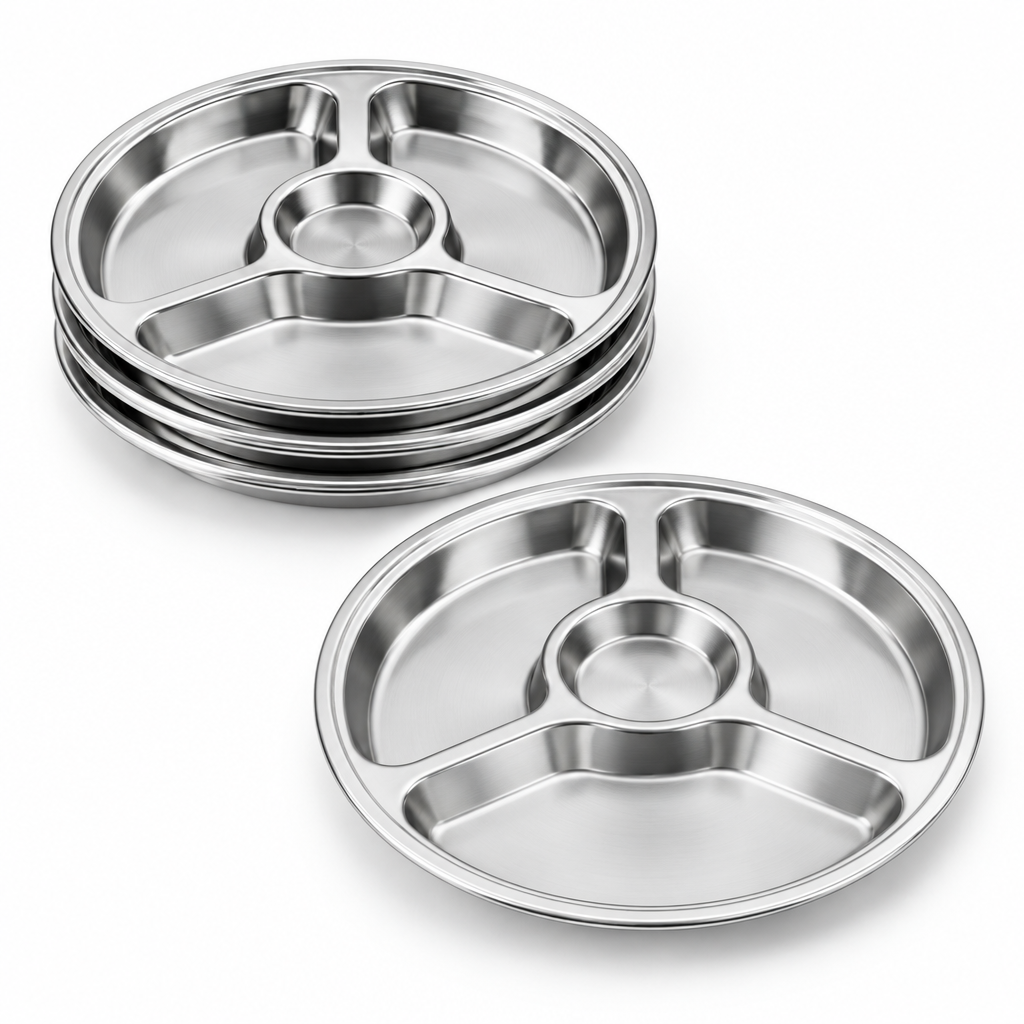 Stack of round stainless steel compartment plates nested together showing compact stackable design on a pure white background