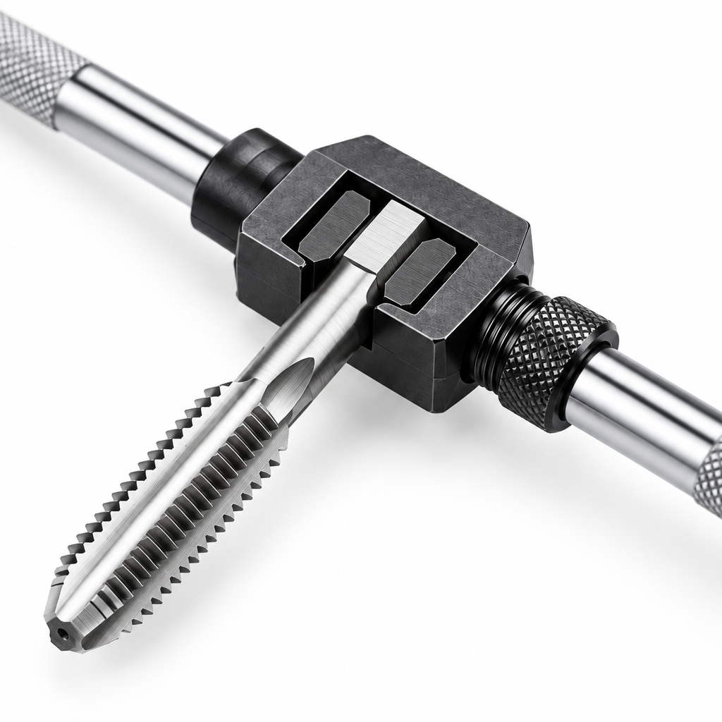 Close-up macro view of hardened steel V-jaws clamping square tap shank, threaded tension collar, and diamond knurling on a pure white background