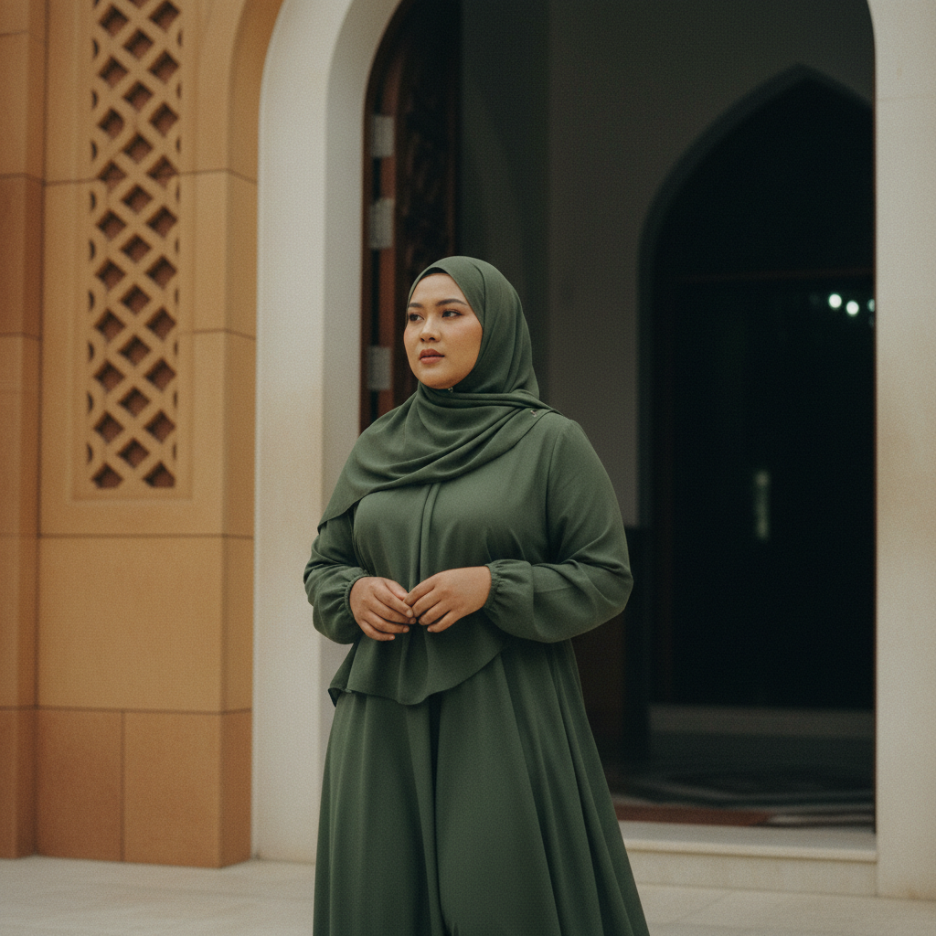 Indonesian Muslim woman olive abaya-inspired dress at mosque