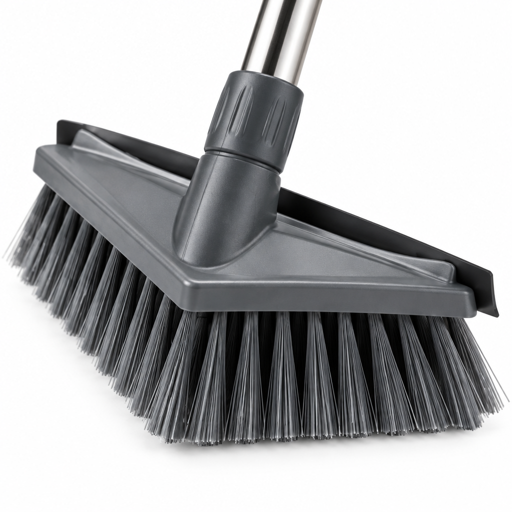 Close-up of the floor scrub brush V-shaped stiff bristles, grout cleaning angle and squeegee strip