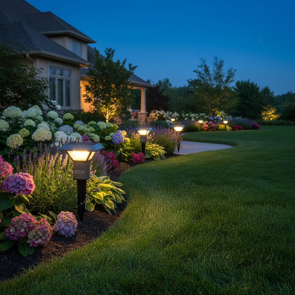 Solar Lawn Lights installed around flower beds or beautiful lawn edges at night