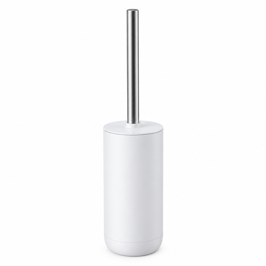 Enclosed toilet cleaning brush with cylindrical white holder and stainless steel handle on white background