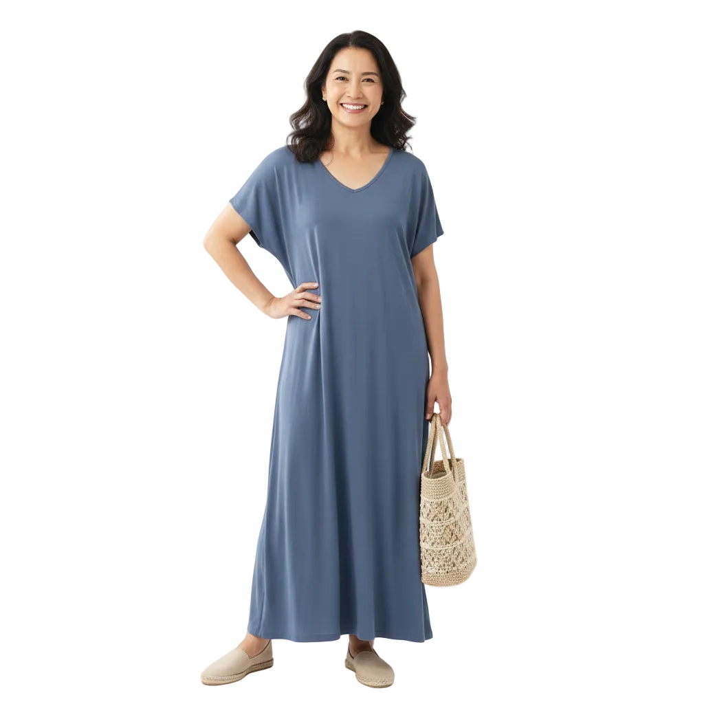 Front view of solid color V-neck relaxed maxi dress on white background