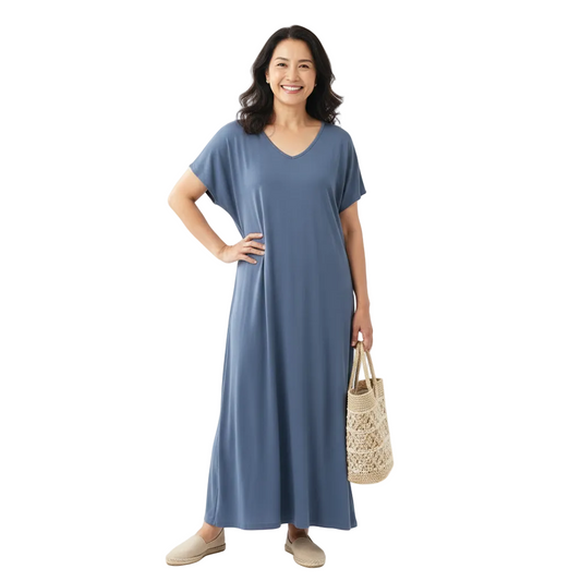 Front view of solid color V-neck relaxed maxi dress on white background