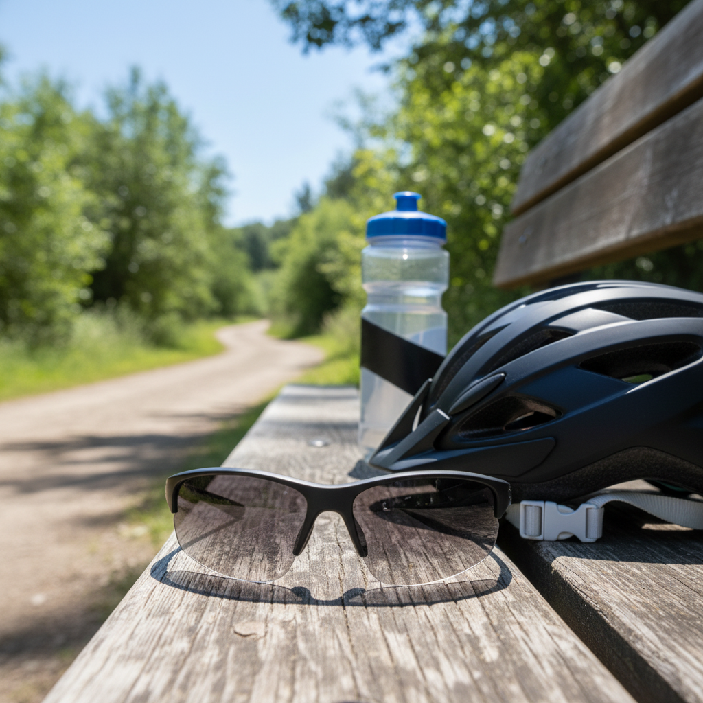 Photochromic sports glasses darkened under sunlight beside helmet on trail bench