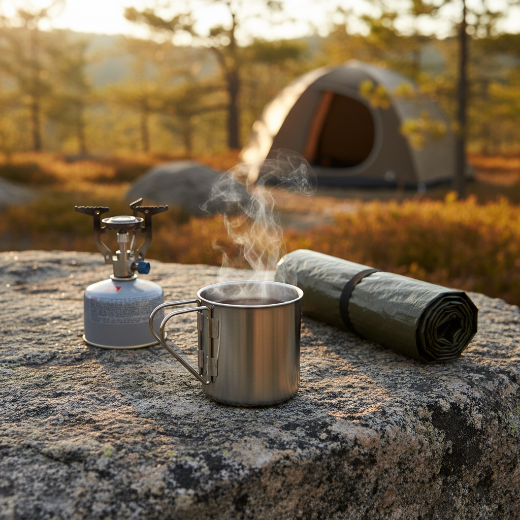 Stainless steel camping cup with coffee beside a portable camp stove at an outdoor campsite
