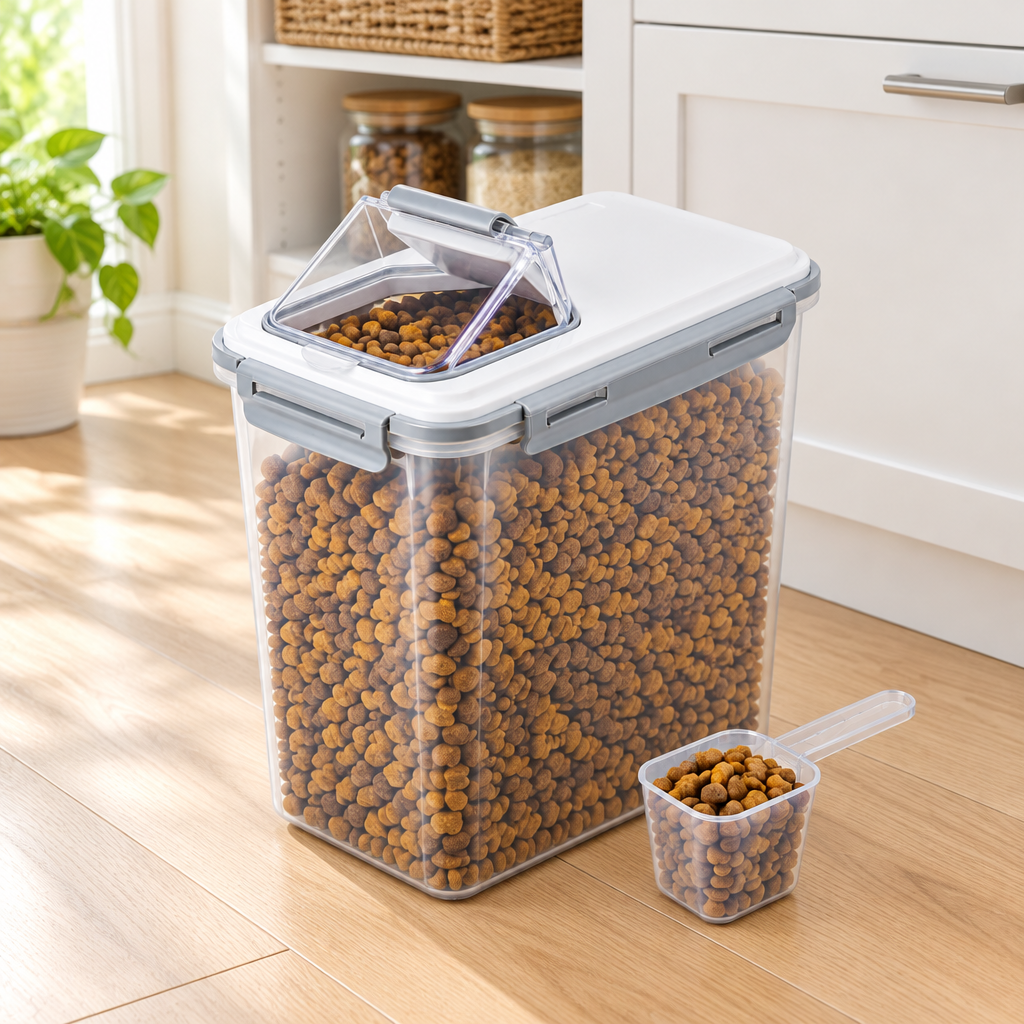 Pet food storage container with open flip hatch and scoop on wood floor in modern kitchen pantry
