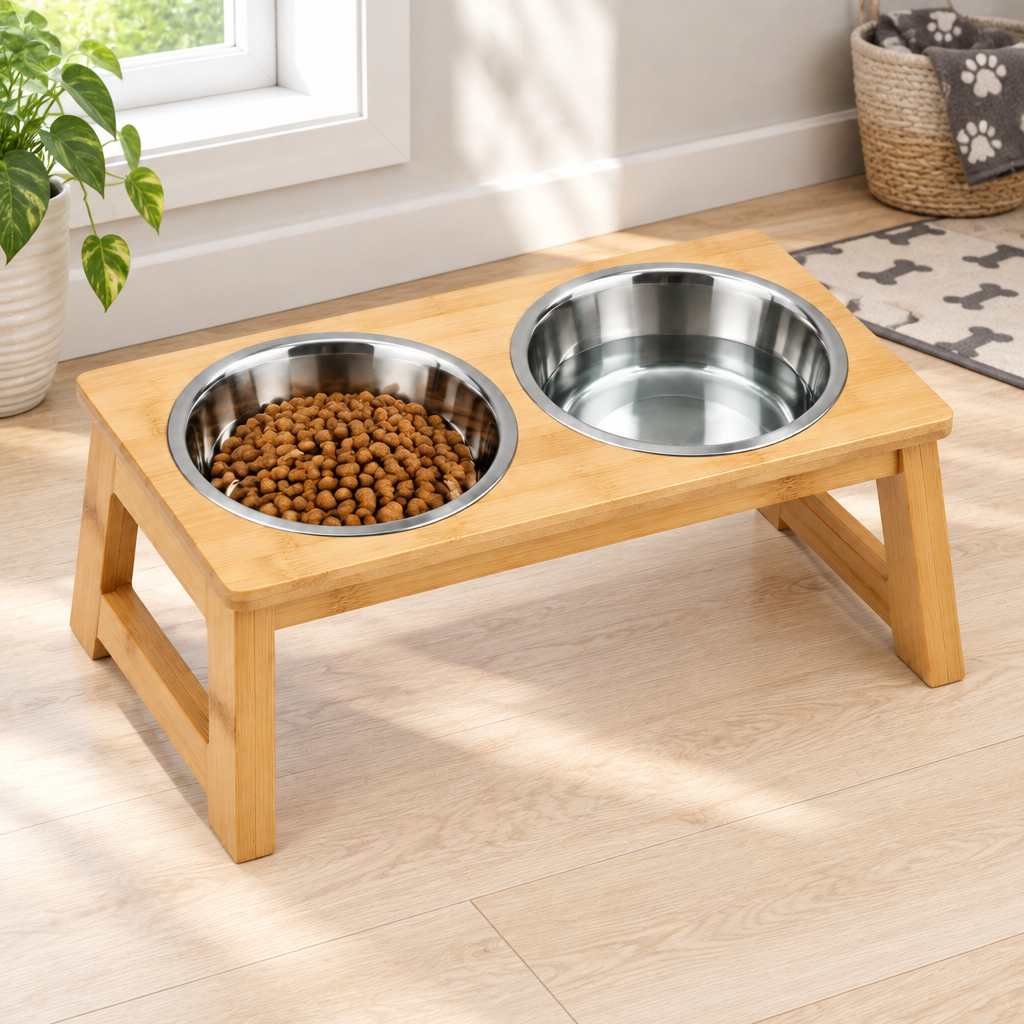 Elevated double pet bowl stand with food and water on hardwood floor in home pet dining area
