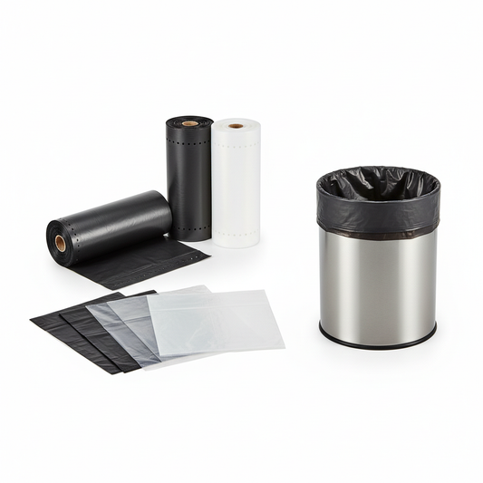 Black, clear and white hotel bin liner rolls with folded bags and a liner fitted inside a guestroom waste bin on white background