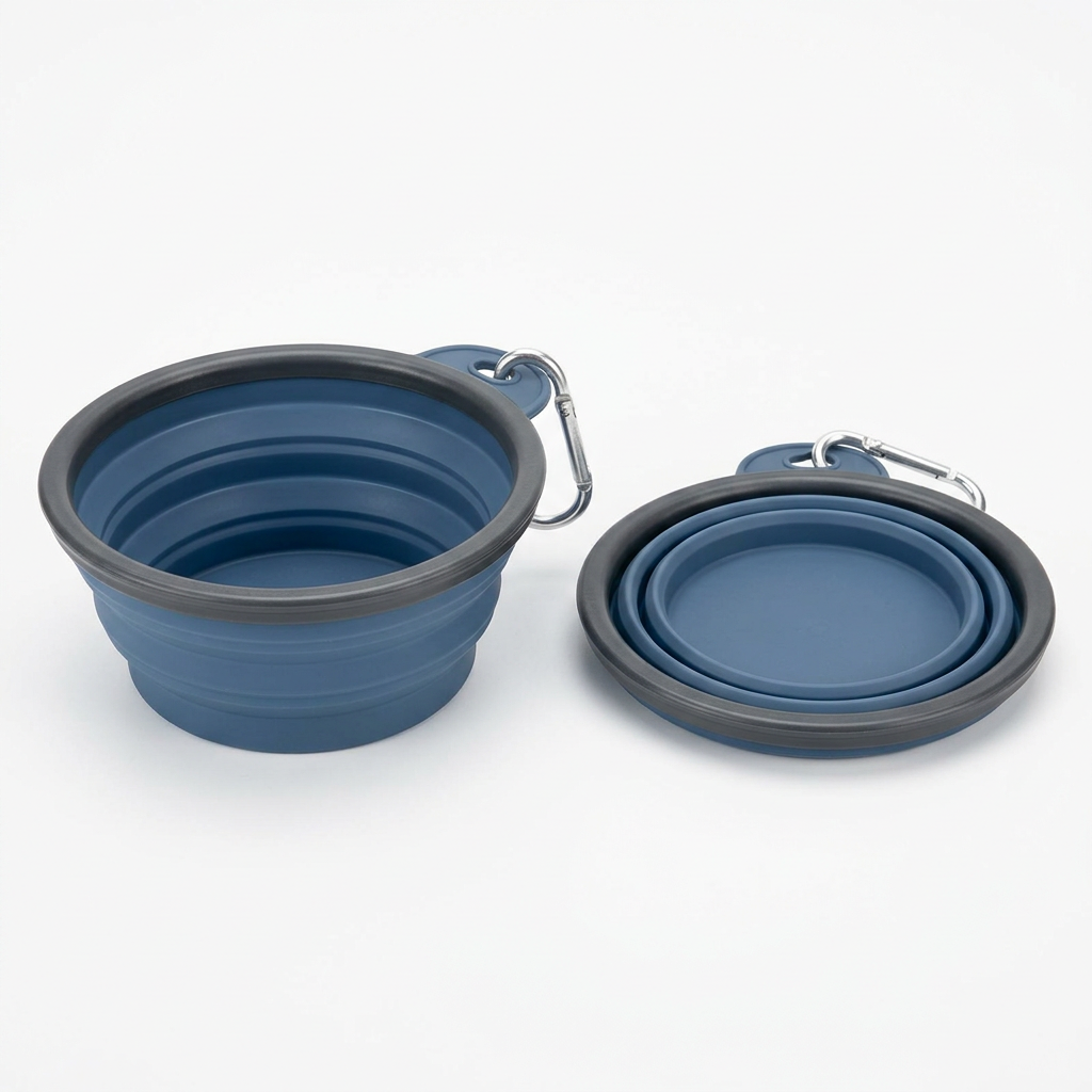 Collapsible silicone pet bowl shown expanded and collapsed flat side by side with carabiner clip on pure white background