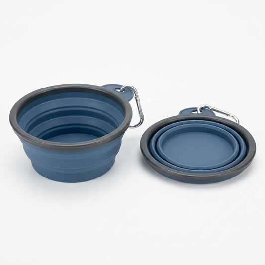 Collapsible silicone pet bowl shown expanded and collapsed flat side by side with carabiner clip on pure white background