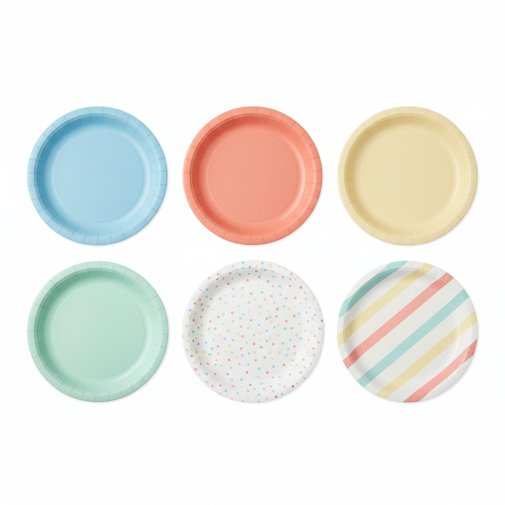 Six disposable round paper party plates in plain pastel colors, confetti dots and diagonal stripe patterns on a pure white background.