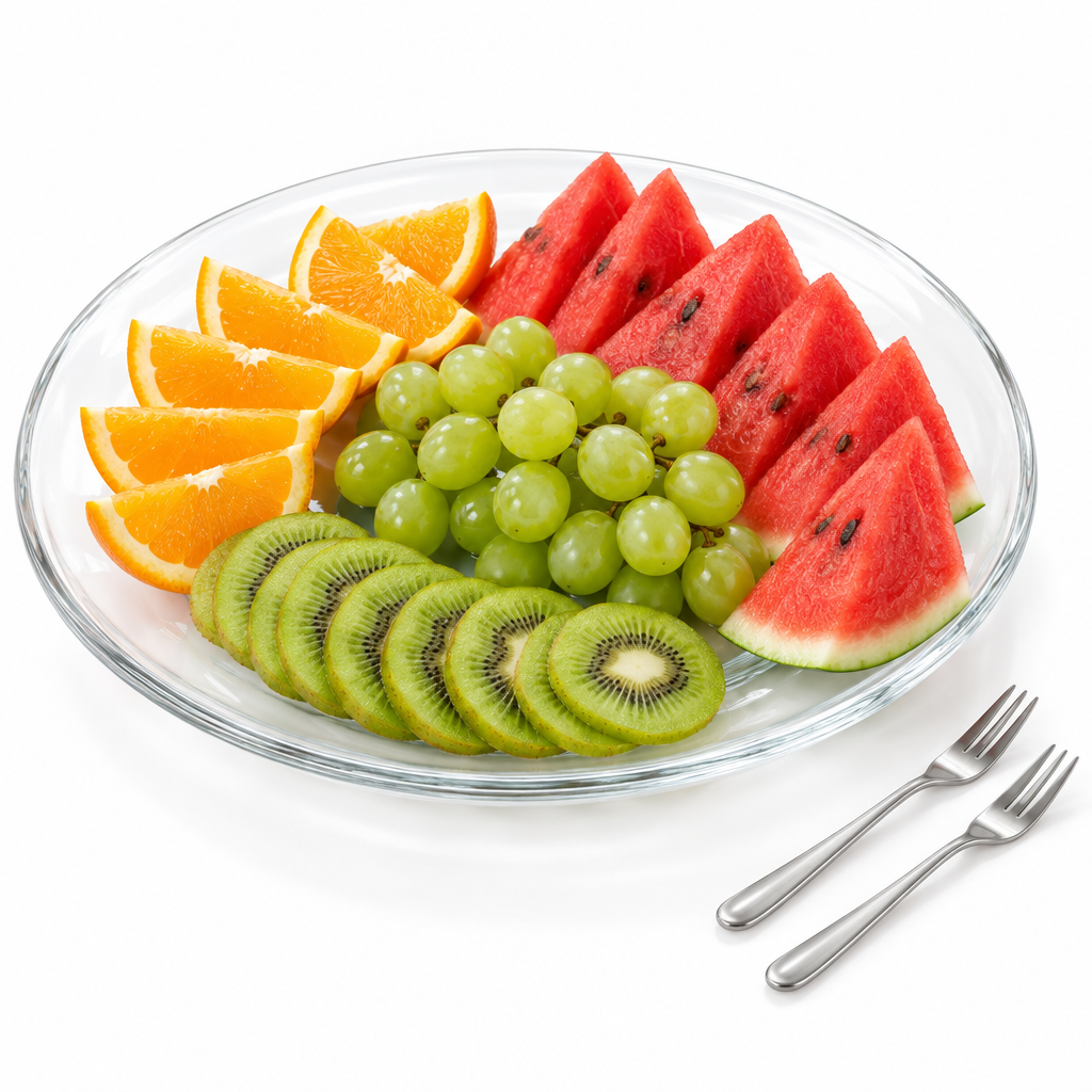 Round clear transparent glass serving plate arranged with fresh sliced fruit and fruit forks on a seamless pure white background