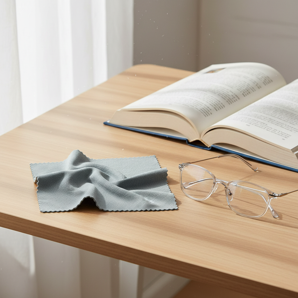 Microfiber lens cleaning cloth unfolded beside eyeglasses and open book on wooden desk