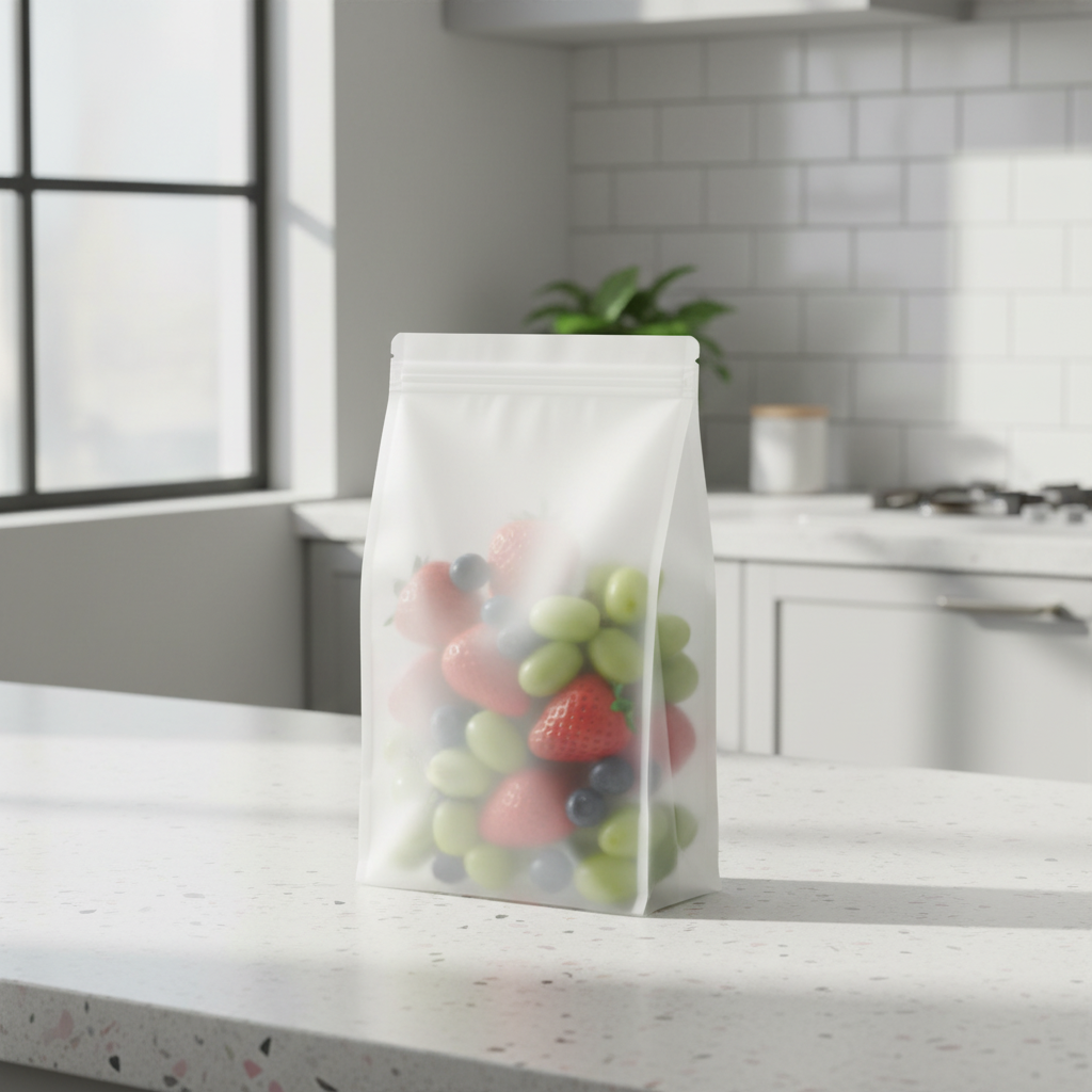 Silicone food storage bag standing upright filled with fresh fruit on kitchen countertop