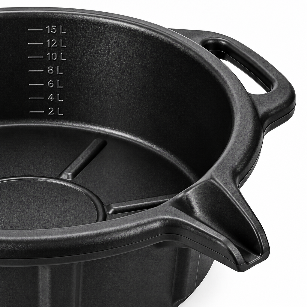 Macro close-up of oil drain pan corner pour spout, anti-splash rolled rim, and molded handle