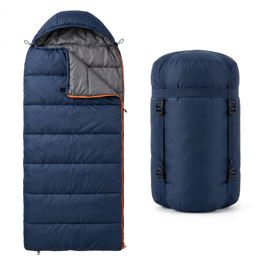 Camping sleeping bag in navy blue water-repellent ripstop polyester with contoured mummy hood and horizontal quilting beside rolled compression sack on pure white background