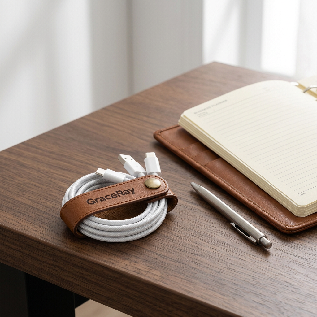 Custom leather cable organizer strap securing a charging cable on an executive desk beside a planner