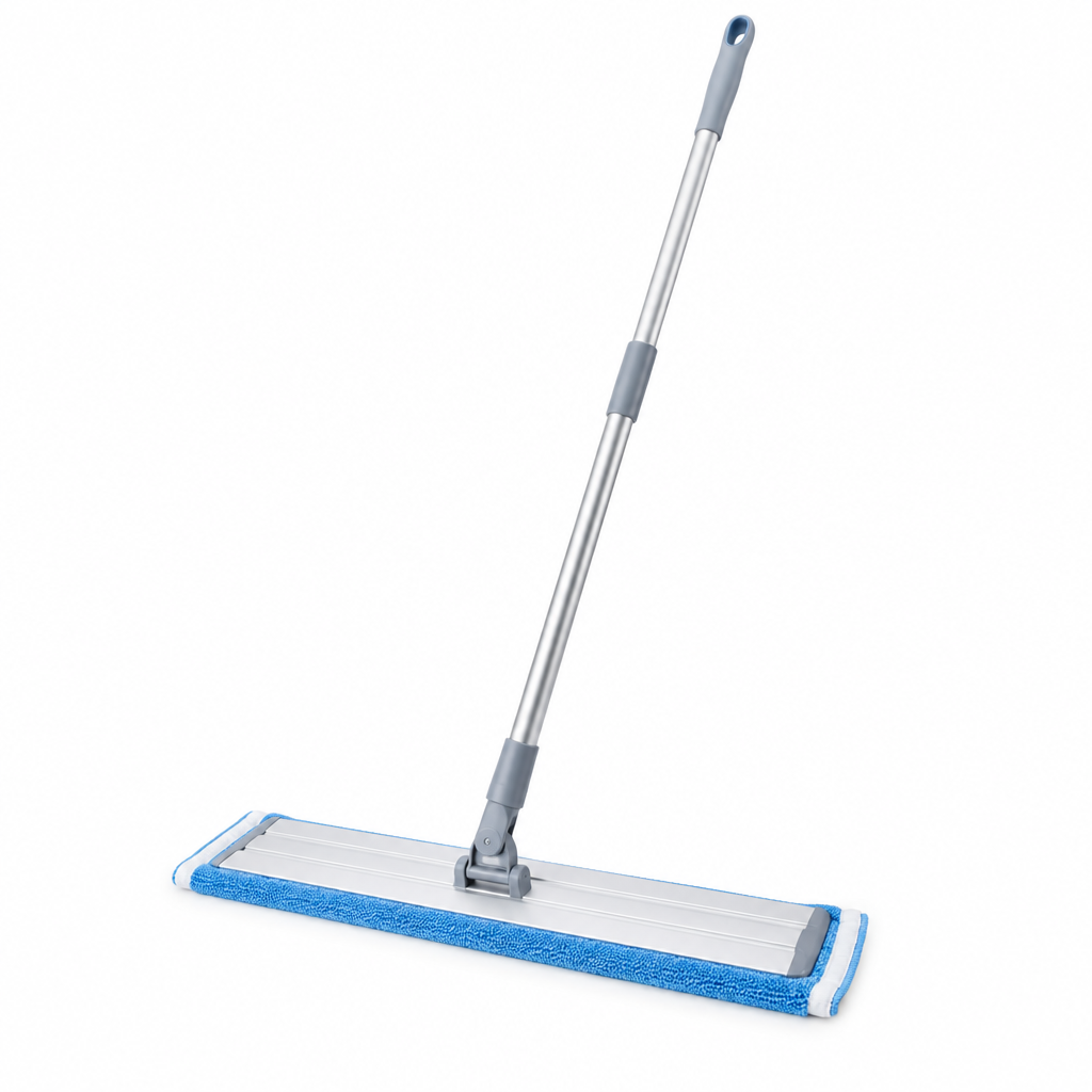 Flat floor mop, wide aluminum ultra-thin dust mop with blue microfiber pad on white background