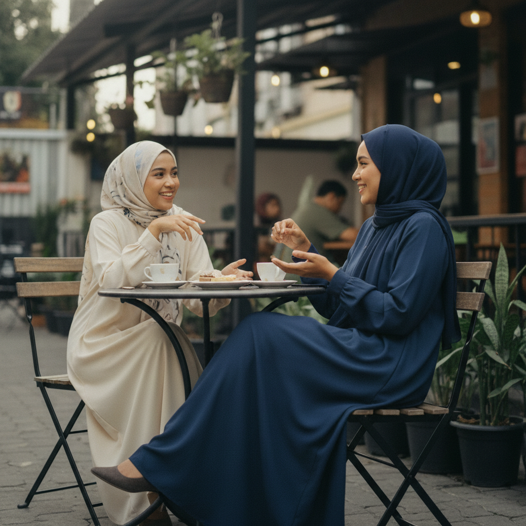 Indonesian Muslim woman navy modest dress chatting at cafe
