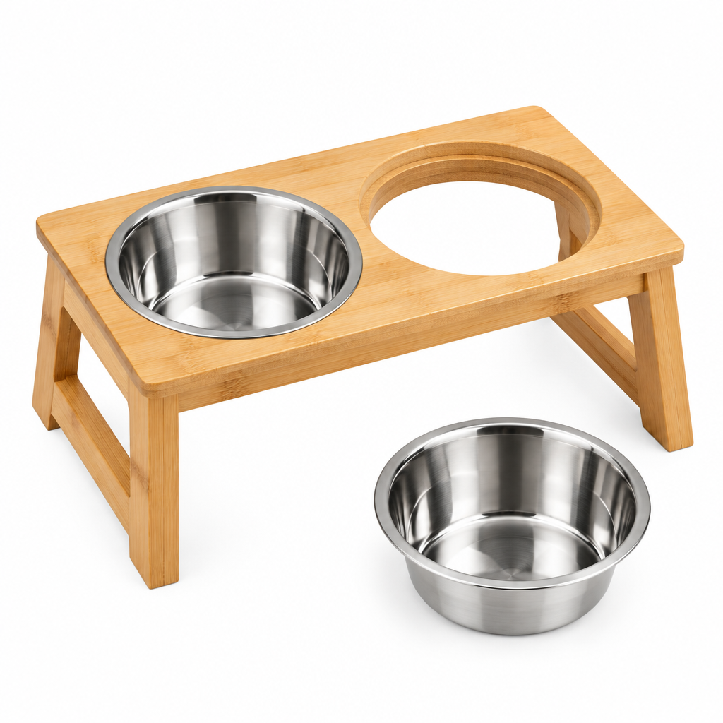 Elevated double bowl stand with one bowl removed showing circular cutout frame structure