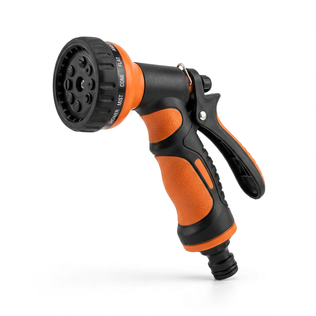 Single multi-pattern garden hose nozzle with rotating dial head, pistol grip, rear trigger, and quick-connect inlet on pure white background