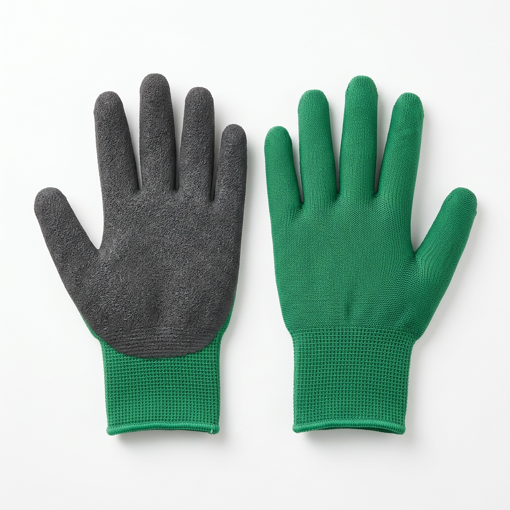 Matching pair of gardening gloves laid flat showing textured charcoal grip coated palm and green breathable knit back on pure white background