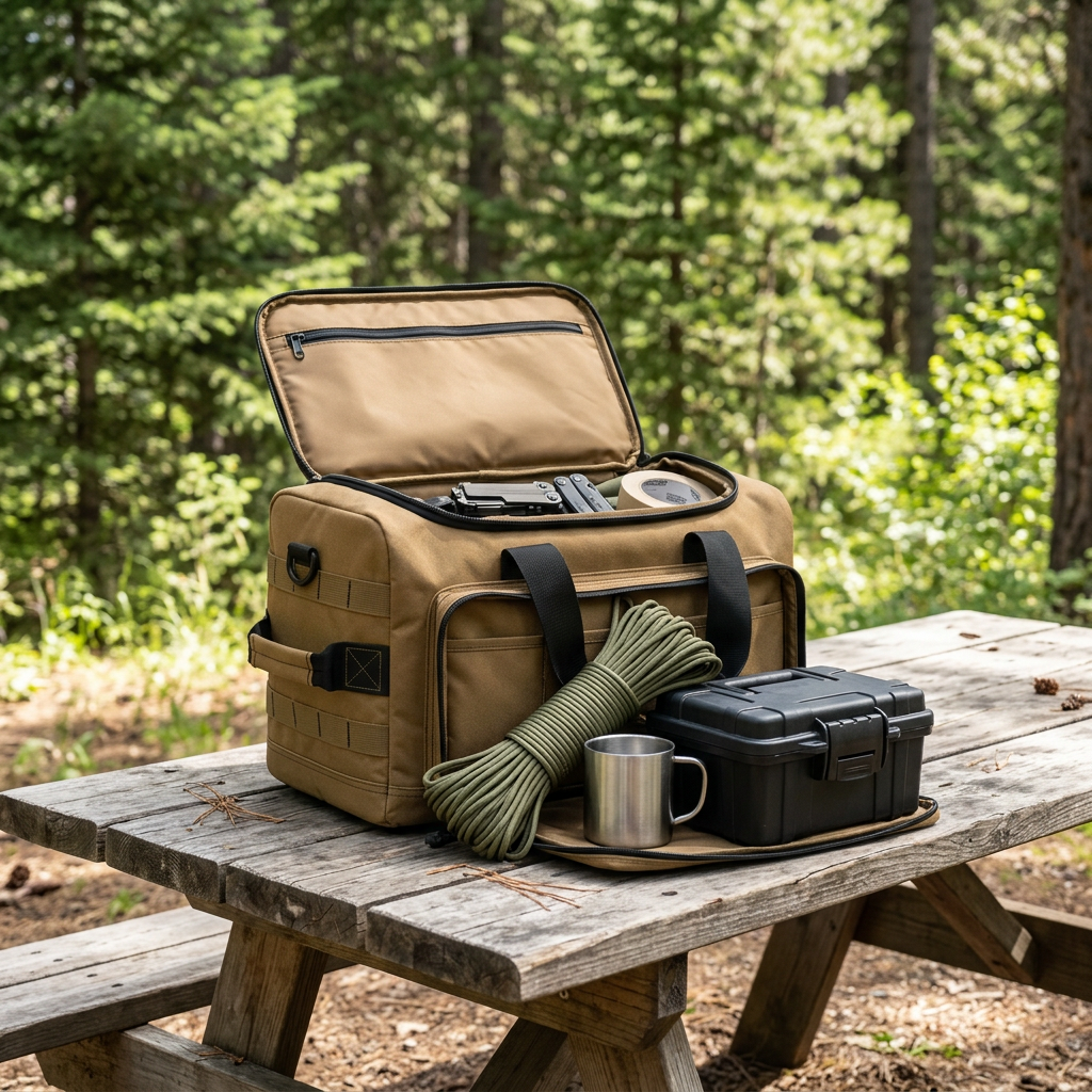 Coyote brown outdoor storage bag open on a wooden picnic table storing camp rope, outdoor cup, and utility case