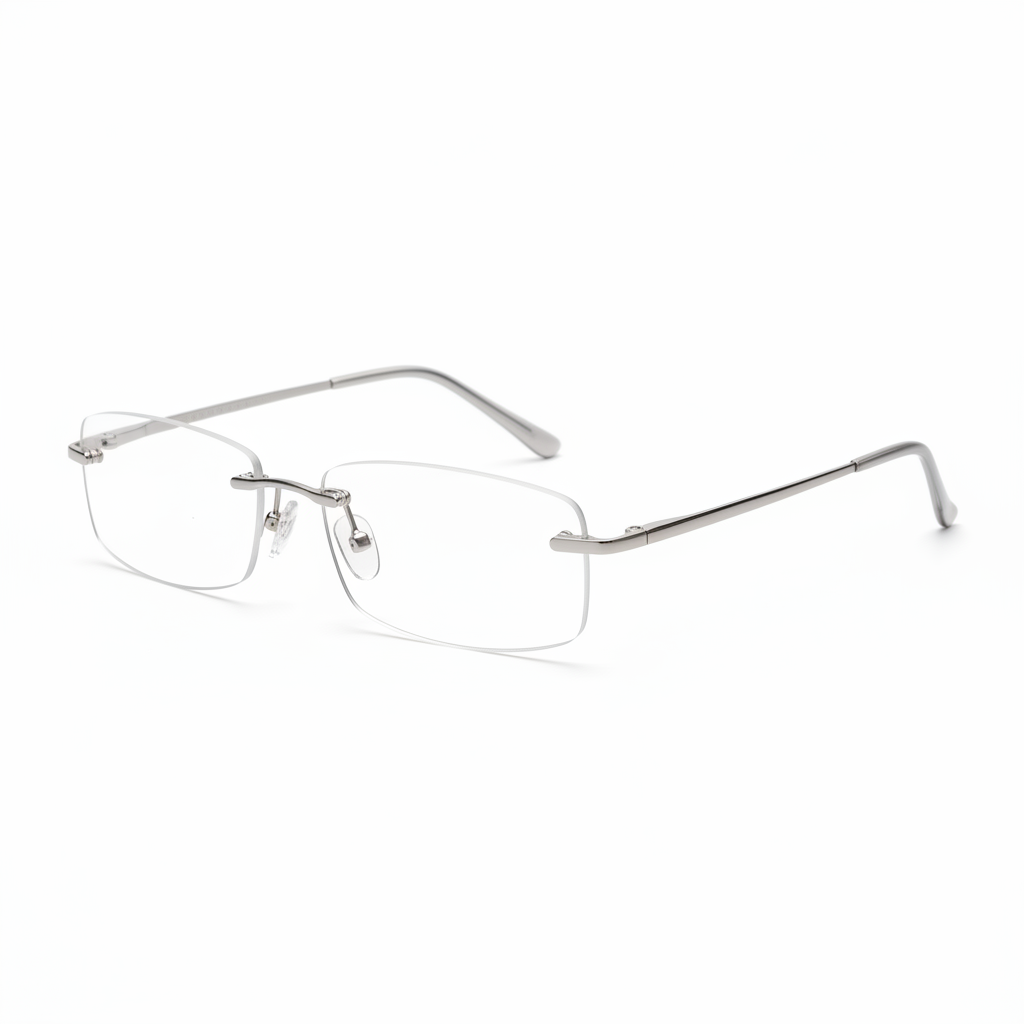 Three-quarter side profile view of slim metal temple rimless reading glasses on white background