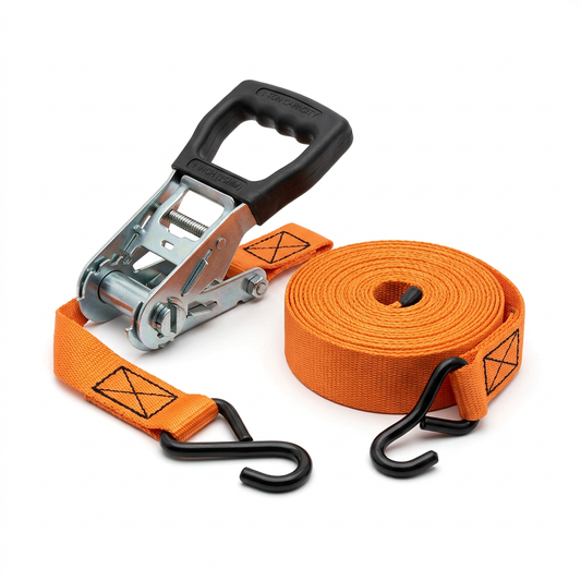 Heavy-duty ratchet tie-down strap set with orange polyester webbing, steel ratchet handle, and black vinyl-coated S-hooks on pure white background