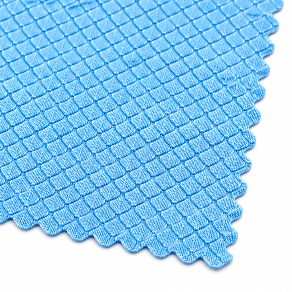 Close-up of fish scale microfiber cloth texture, embossed diamond weave and scalloped edges