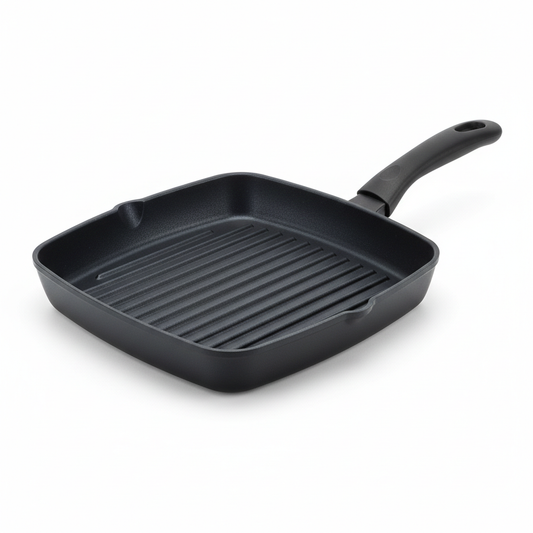 Square cast aluminum non-stick grill pan with thick body and raised grill ridges on pure white background