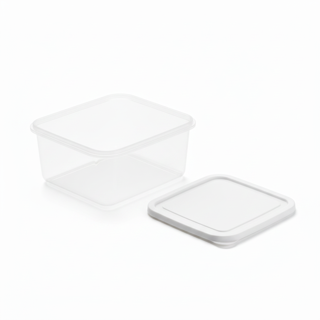 Open clear food storage box with white lid resting flat beside it on pure white background