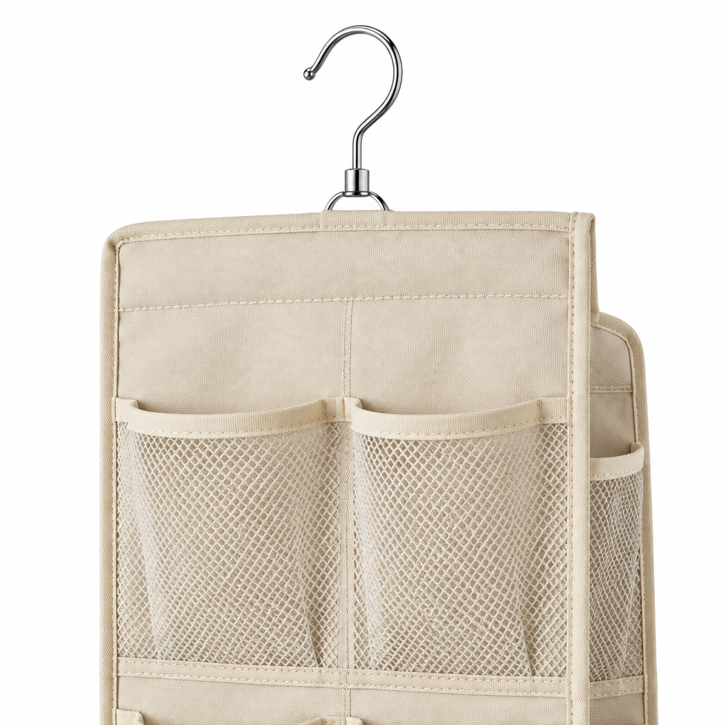 Close-up of the rotating metal hook and mesh pockets of the hanging storage bag