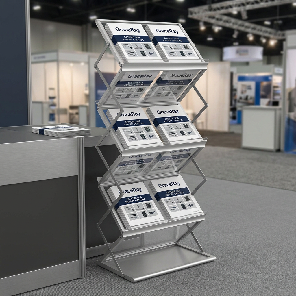 Portable brochure display stand positioned beside an exhibition counter inside a trade show booth