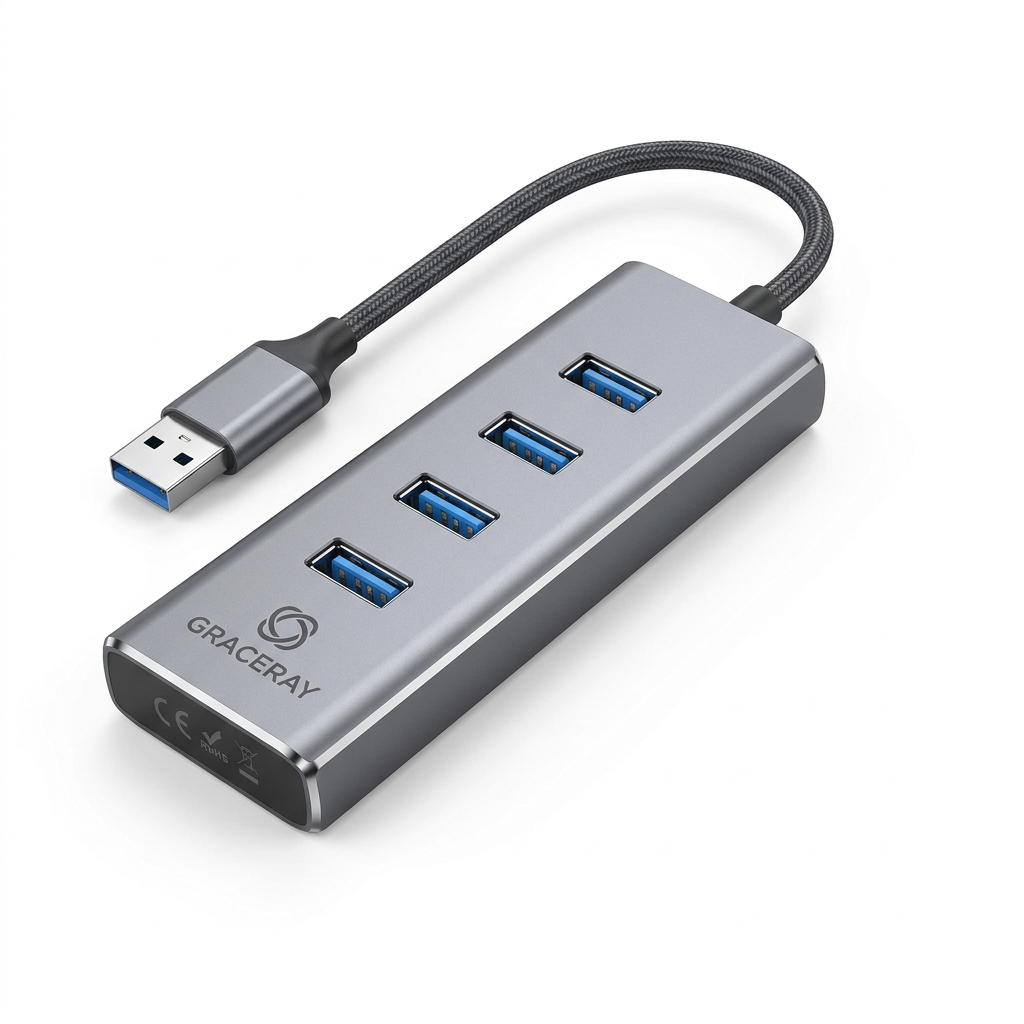 Custom logo USB hub with multiple connection ports arranged on an office desk.