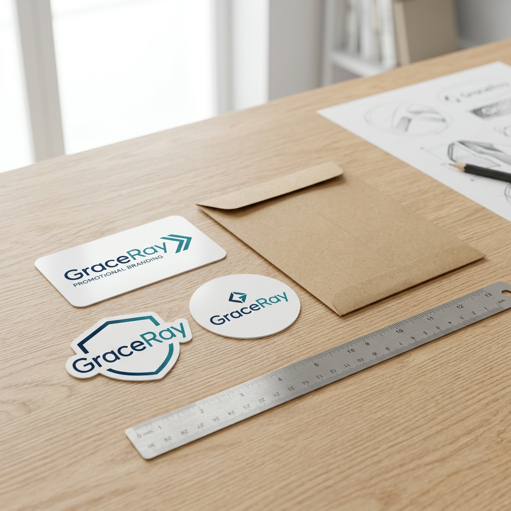 Custom printed promotional stickers displayed on a design studio desk beside packaging envelopes