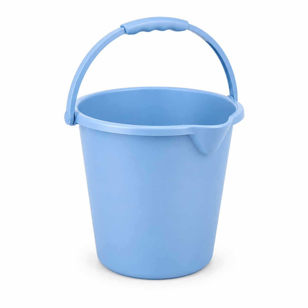 12-liter plastic household utility bucket in soft pastel blue on a pure white background with comfortable margins