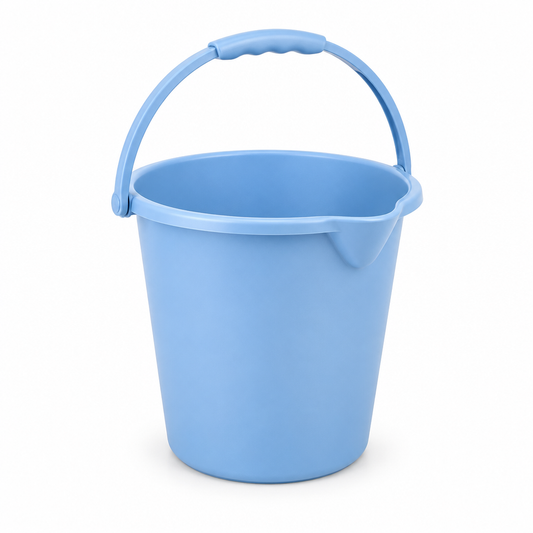 12-liter plastic household utility bucket in soft pastel blue on a pure white background with comfortable margins