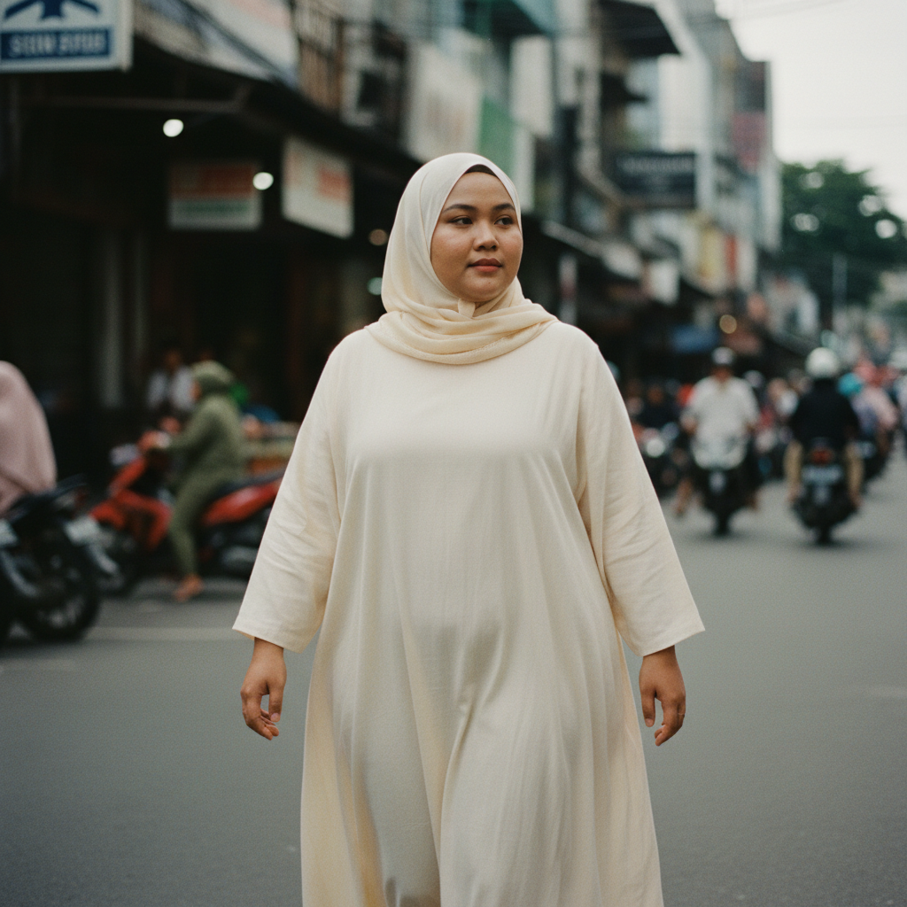 Indonesian Muslim woman cream breathable modest dress walking