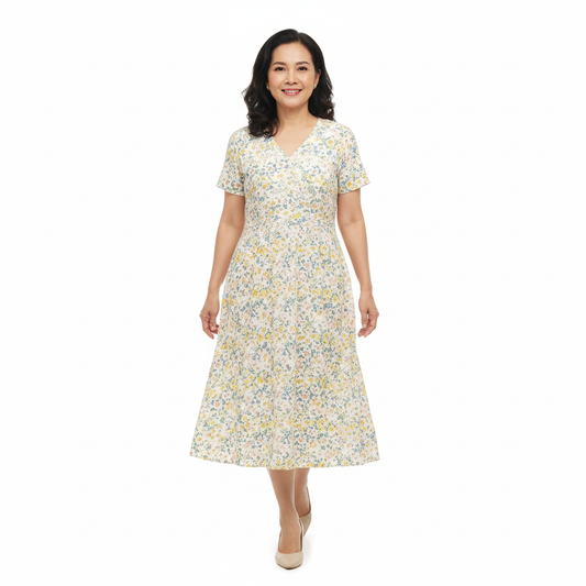Front view of floral print v-neck short sleeve midi dress on white background