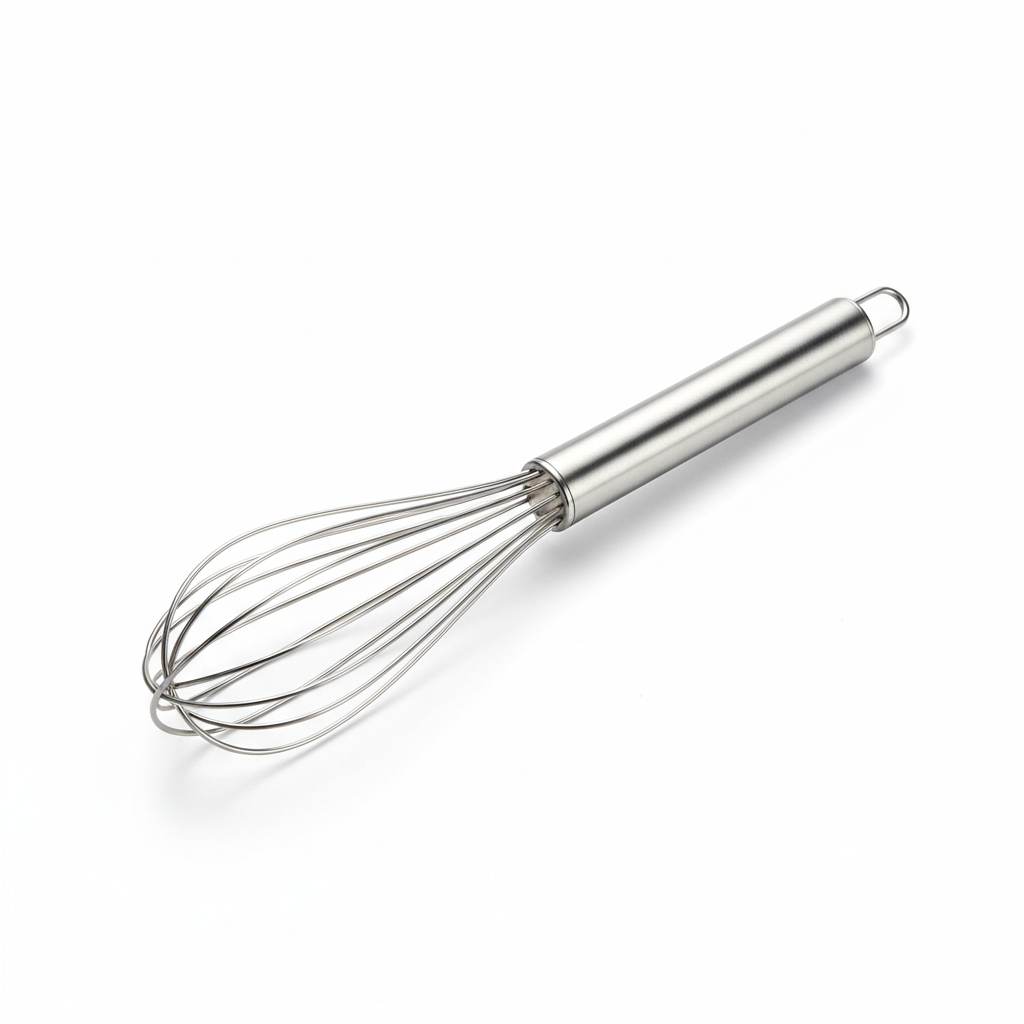 Stainless steel balloon kitchen whisk with tubular handle and hanging loop on pure white background